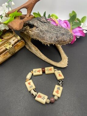 Mahjong bone stone and glass stretch bracelet vintage